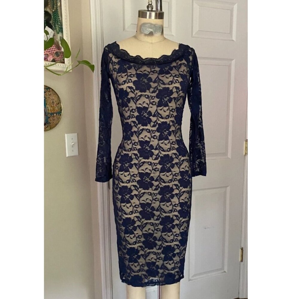 LOVE CULTURE Navy LACE stretch Knee-Length Wiggle Bandage Dress *SMALL*